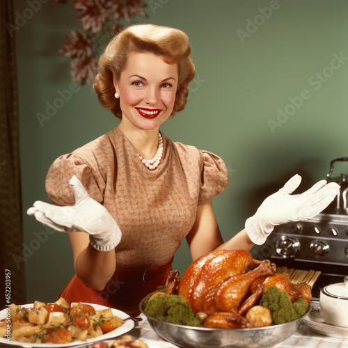 The woman is a chef, ready for Thanksgiving dinner.  In the style of retro glamor, 1940s–1950s. AI generated picture.