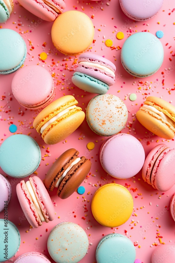 Fototapeta premium Colorful macarons on a pastel backdrop 