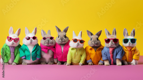Creative animal concept. rabbits in a group, vibrant bright fashionable outfits isolated on solid background advertisement, copy text space. birthday party invite invitation banner © LOVE ALLAH LOVE