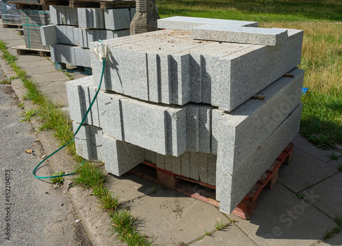 Pallets Paving Slabs on Europe Streets, Paving of the Pedestrian Path, Road Repair, Modern Technologies