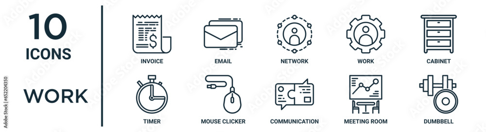 work outline icon set such as thin line invoice, network, cabinet ...