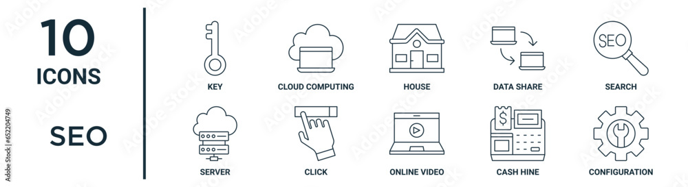 seo outline icon set such as thin line key, house, search, click, cash ...