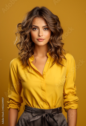 Beautiful model in elegant skinny shirt with a fascinating and intriguing expression on yellow background