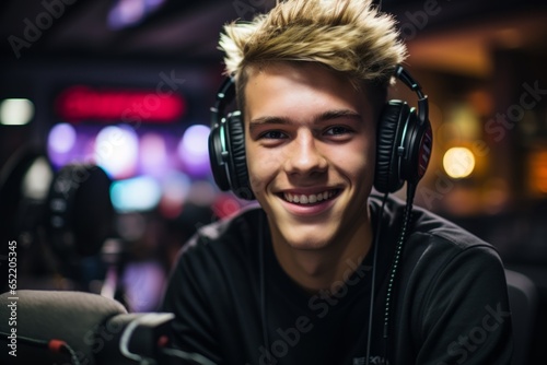 Portrait young joyful happy Caucasian DJ smiling male man guy laughing headphones microphone radio podcast recording online show streamer vlogger gamer camera cyber computer video follower subscriber