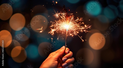 festive atmosphere with a close-up of women's hands holding a bright sparkler. Illuminate your celebration with joy and happiness.