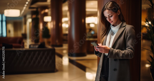 Businesswoman with luggage in modern hotel lobby using smartphone
