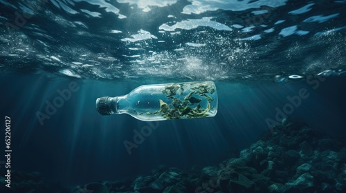 devastating impact of plastic waste in our oceans with a floating bottle. message of environmental responsibility and the need for action. © Светлана Канунникова