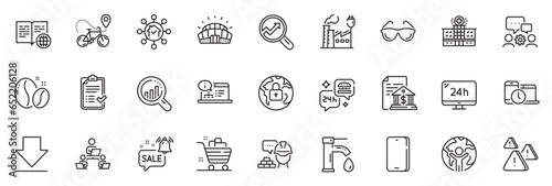 Icons pack as Grocery basket, Eyeglasses and Internet book line icons for app include Phone, Coffee beans, Approved checklist outline thin icon web set. Build, Sports stadium, Lock pictogram. Vector