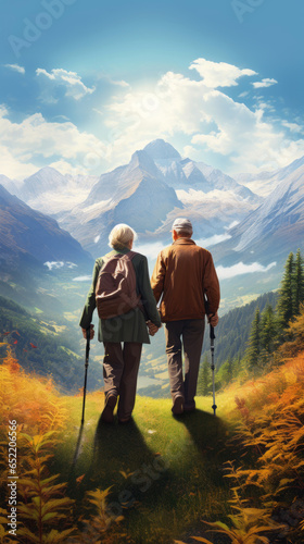 older couple hiking in the mountains
