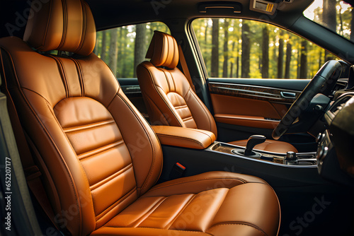 Luxury car inside. Interior of prestige modern car. Comfortable leather seats. Red perforarated leather cockpit with isolated white background. © Nadezda Ledyaeva