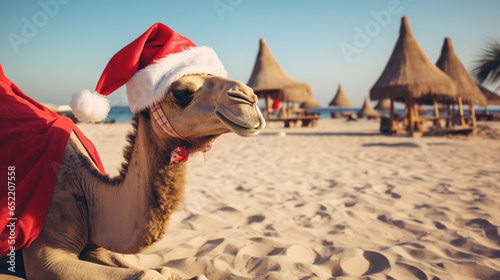 beautiful camel standing in desert and wear christmas hat #652207558