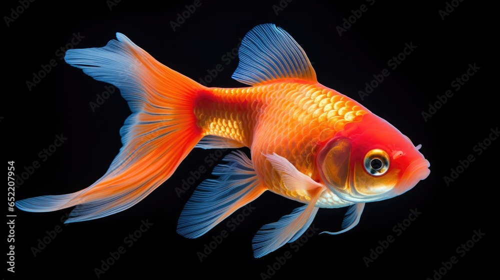 elegance of a pet goldfish gracefully swimming on a black background