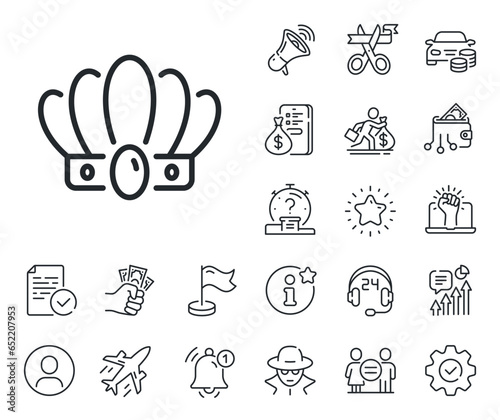 King or queen corona sign. Salaryman, gender equality and alert bell outline icons. Crown line icon. Royal monarchy symbol. Crown line sign. Spy or profile placeholder icon. Vector