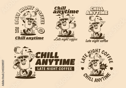Chill anytime, late night coffee. mascot character illustration of walking coffee mug