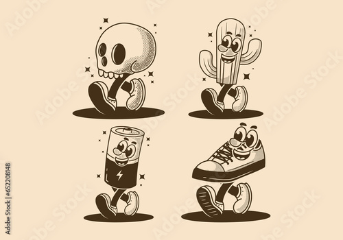 Mascot character illustration of walking skull, cactus, battery and shoe