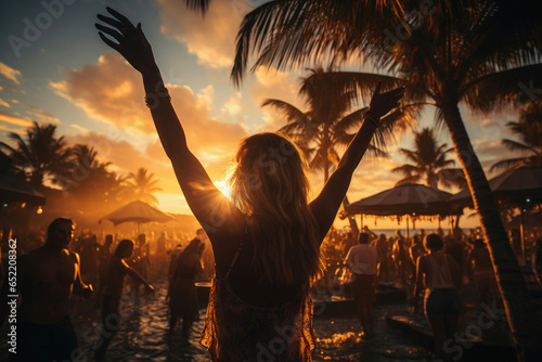 Beautiful woman with raised arms enjoying at beach party at sunset - Generative AI photo
