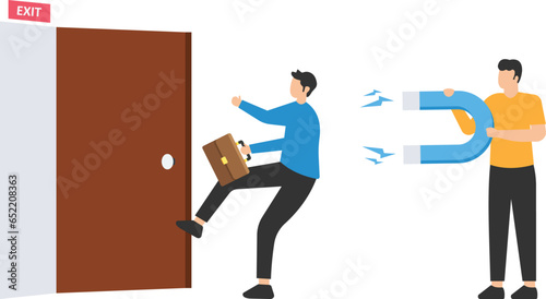 Incentive and welfare programs for employee retention, Building staffs loyalty reduces resignation rate for important talent, Boss holding magnet to pull back resigned or leaving employees

