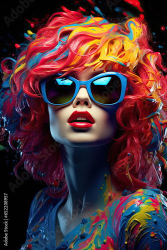 Woman with her hair painted in a mesmerizing array of vibrant colors. Colorful paint drops splash around her, creating a dynamic and artistic scene
