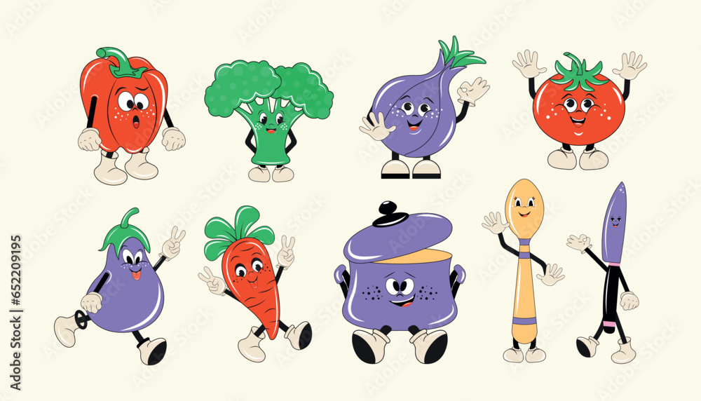 Fototapeta premium A set of funny, colorful cartoon characters. Vegetables and kitchen utensils on a light background in a groovy style. Retro design of the cover, postcard, banner, poster, background and much more