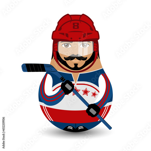 Hockey player. An athlete in a hockey uniform and a stick in his hand is ready to play. Design tilting toy. Modern kawaii dolls for your business project