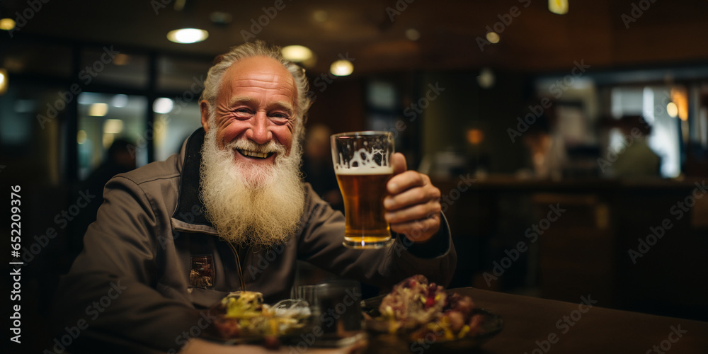Lustiger Bayerischer Mann mit Schnauzer und Bier in der Hand auf der Wiesn am Oktoberfest lacht im Querformat für Banner, ai generativ