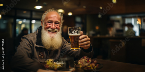 Lustiger Bayerischer Mann mit Schnauzer und Bier in der Hand auf der Wiesn am Oktoberfest lacht im Querformat für Banner, ai generativ