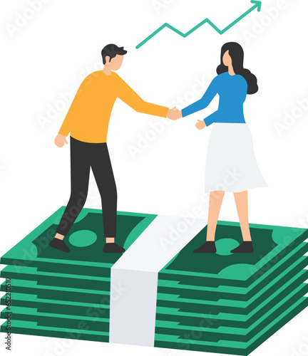Salary negotiation, pay raise discussion or wages and benefit agreement, Business deal or merger and acquisition, People handshake on piles, Money banknote after finish agreement

