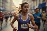 Shot of a young runner athlete woman running a marathon with other runners in the background