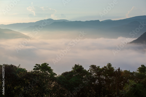 The sun penetrates the clouds and spills into the valley. Early morning view of tea gardens, sea of ​​clouds and sunrise, Nanshan Temple.