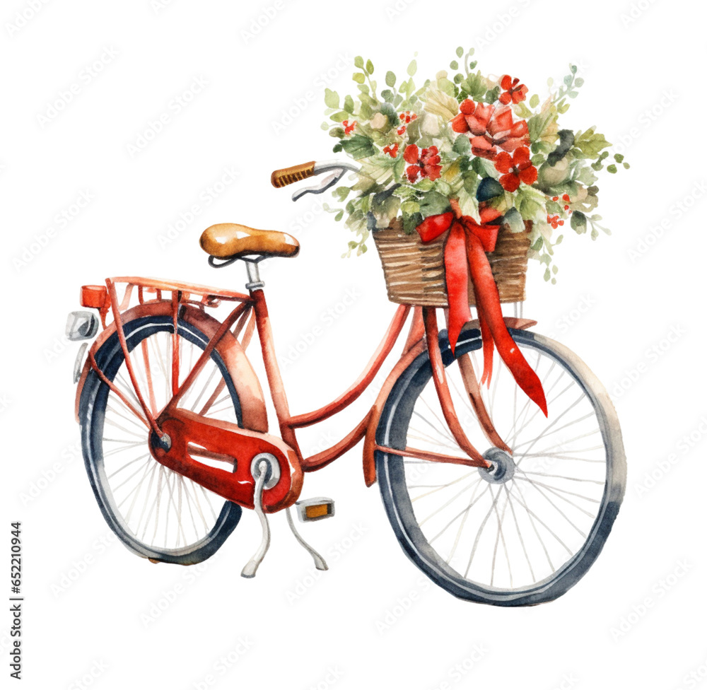 Watercolor illustration of Christmas bicycle decor. Generative AI, png image.