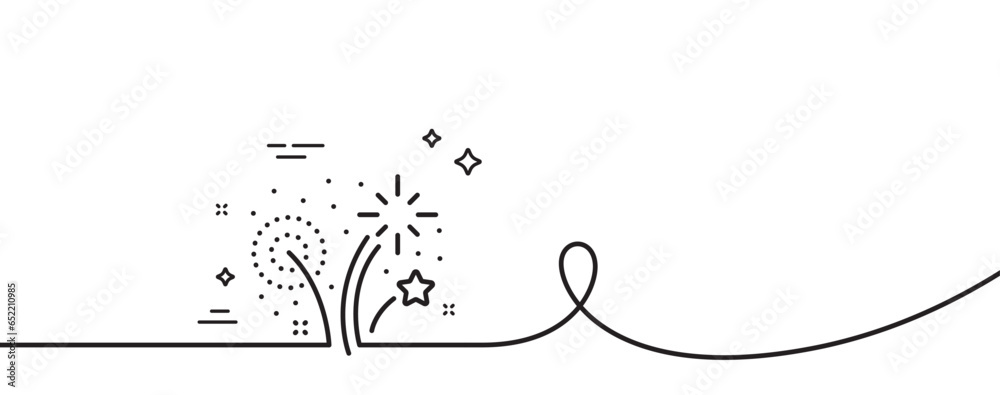 Fireworks line icon. Continuous one line with curl. Pyrotechnic salute sign. Carnival celebration lights symbol. Fireworks single outline ribbon. Loop curve pattern. Vector Fireworks line icon. Continuous one line with curl. Pyrotechnic salute sign. Carnival celebration lights symbol. Fireworks single outline ribbon. Loop curve pattern. Vector