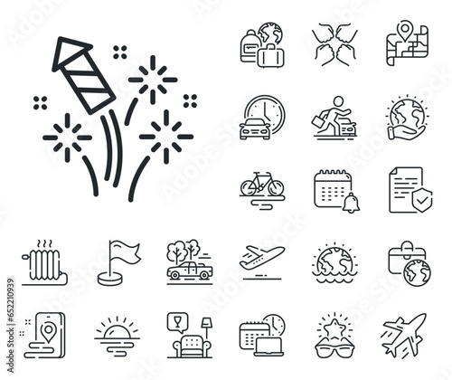 Pyrotechnic salute sign. Plane jet, travel map and baggage claim outline icons. Fireworks rocket line icon. Carnival celebration lights symbol. Fireworks rocket line sign. Vector
