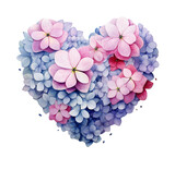 Watercolor illustration Heart of purple hydrangea flowers, floral heart card. Generative AI, png image.