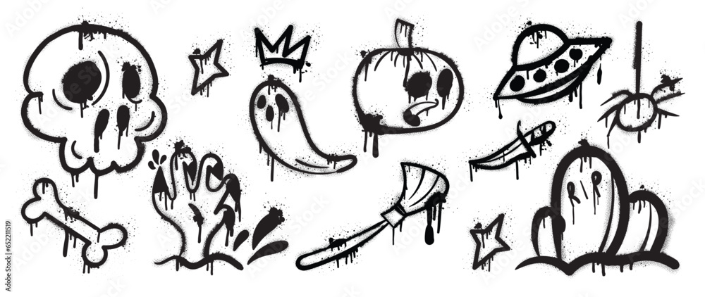 Set of graffiti spray pattern. Collection of halloween symbol, ghost spirit, ufo, broom, pumpkin with spray texture. Element on white background for sticker, banner, decoration, street art, halloween. Set of graffiti spray pattern. Collection of halloween symbol, ghost spirit, ufo, broom, pumpkin with spray texture. Element on white background for sticker, banner, decoration, street art, halloween.