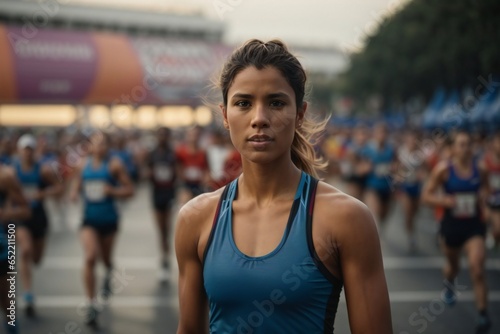 portrait of a female runner athlete standing on a marathon course © Asfand