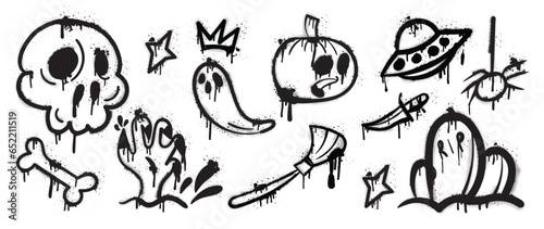 Set of graffiti spray pattern. Collection of halloween symbol, ghost spirit, ufo, broom, pumpkin with spray texture. Element on white background for sticker, banner, decoration, street art, halloween.