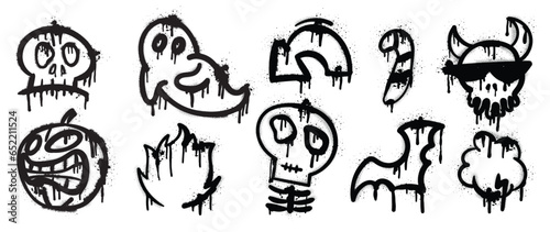 Set of graffiti spray pattern. Collection of halloween symbol, ghost spirit, bat, candy, pumpkin with spray texture. Element on white background for sticker, banner, decoration, street art, halloween.