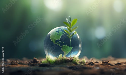 glass ball of earth and plants on the ground, generative ai photo