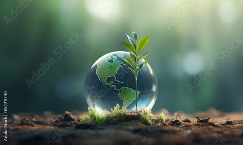 glass ball of earth and plants on the ground, generative ai