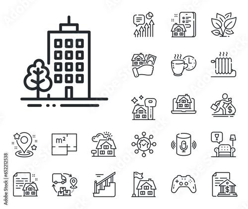 City architecture with tree sign. Floor plan, stairs and lounge room outline icons. Skyscraper buildings line icon. Town symbol. Skyscraper buildings line sign. Vector
