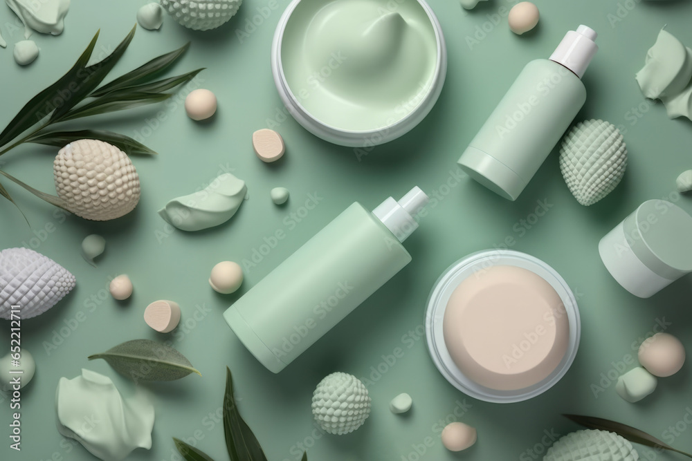 Cosmetics bottles, jars, accessories flat lay Cosmetics bottles, jars, accessories flat lay