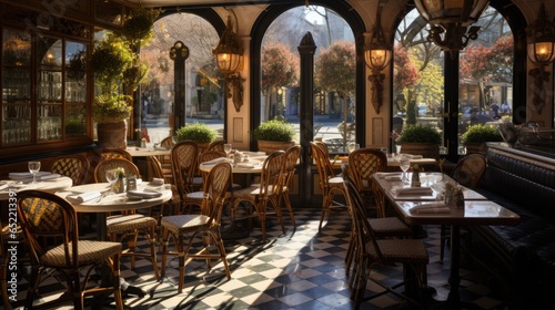 French Bistro-Style Cafe with Marble-Topped Tables and Wrought Iron Chairs Offers View of Bustling Street