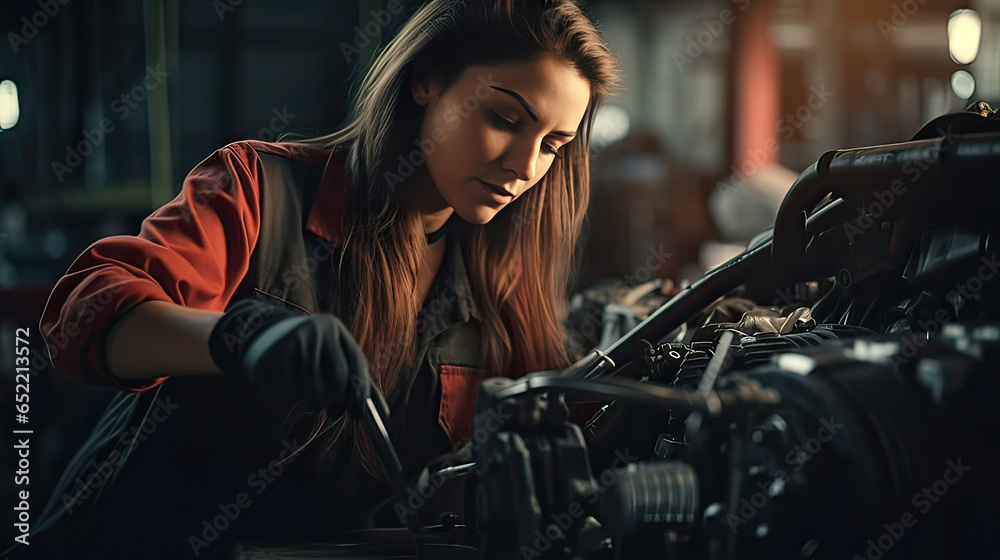 young woman, working as an automotive mechanic - obrazy, fototapety, plakaty 