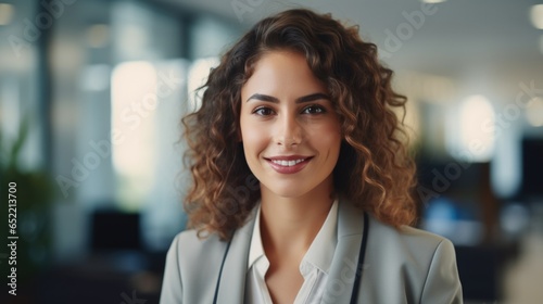Portrait of smiling beautiful businesswoman standing in office with copy space.