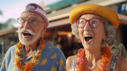 A happy surprised elderly couple, in bright stylish clothes and hats, are standing on the street
