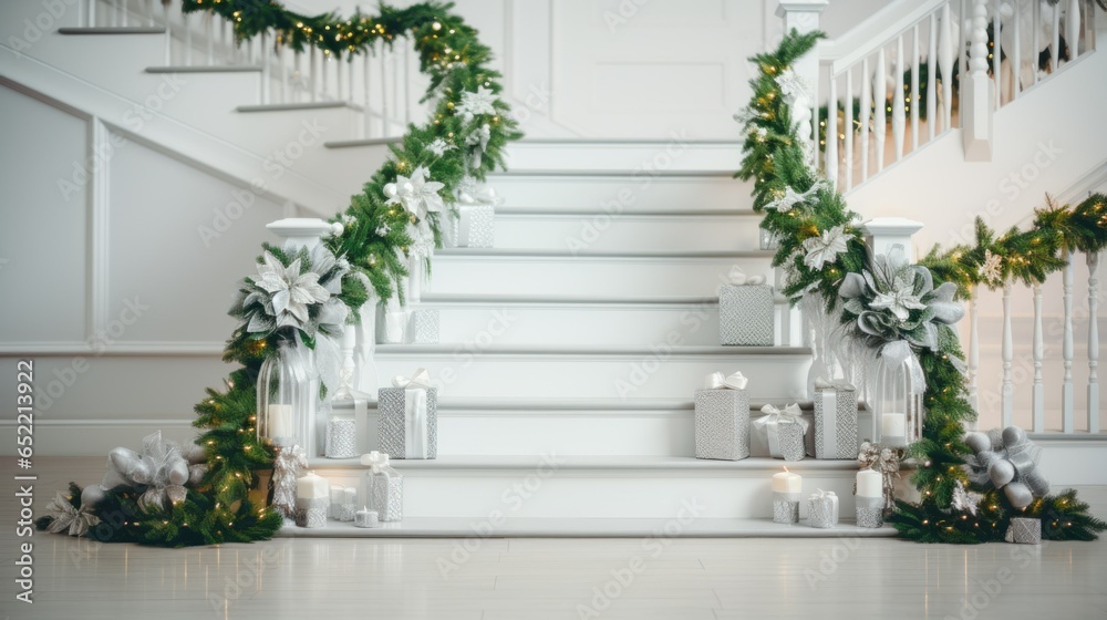 Christmas Garlands For modern Stairs at home. Christmas garlands and gifts near staircase. Christmas Traditional holiday decorated stairs