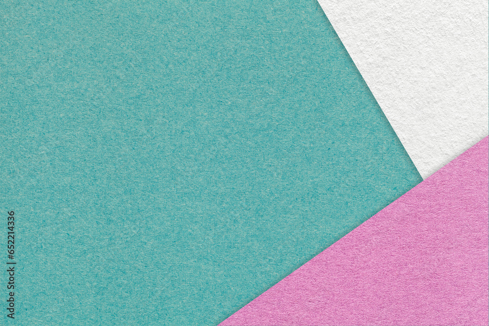 Texture of craft cyan color paper background with white and purple border. Vintage abstract green cardboard.