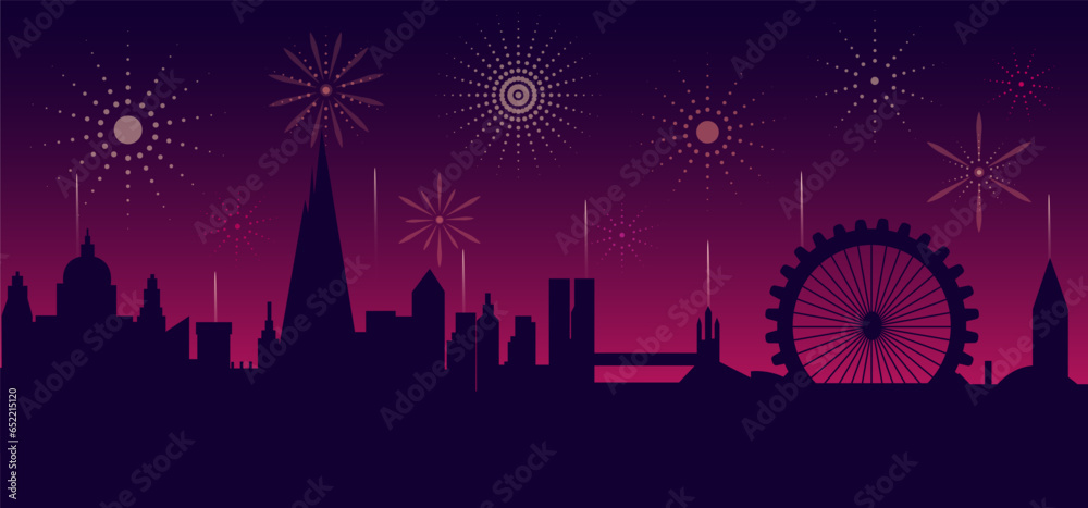 Night city silhouette with fireworks. Background with Night City Skyline. Background in 1980s style. Vector