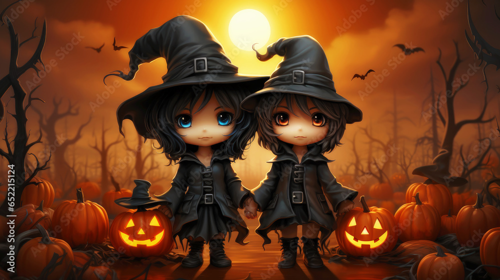 Illustration of two girls dressed as witches in a mysterious forest with pumpkins on the sides. Halloween Concept. Generative AI Illustration of two girls dressed as witches in a mysterious forest with pumpkins on the sides. Halloween Concept. Generative AI