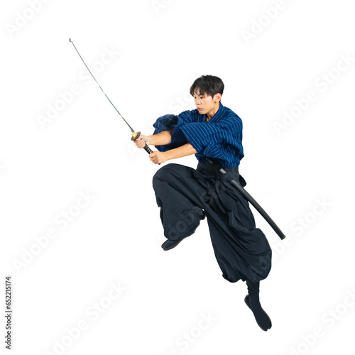 ジャンプして日本刀を振る少年 サムライ 武道 背景透過切り抜きPNG